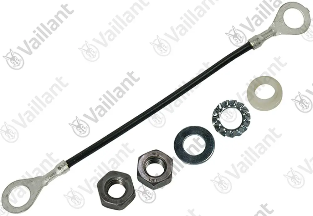 Befestigungssatz bestehend aus einem Kabel mit ringförmigem Anschluss, Schrauben, Unterlegscheiben und einer Kunststoffdichtung, Marke Vaillant.